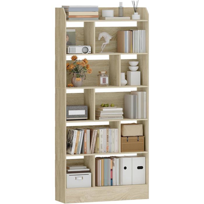 Bibliothèque Étagère à 6 Niveaux Meuble de Rangement Livres Cloison Séparateur Présentoirpour SalonChambreBureauBeige Chêne