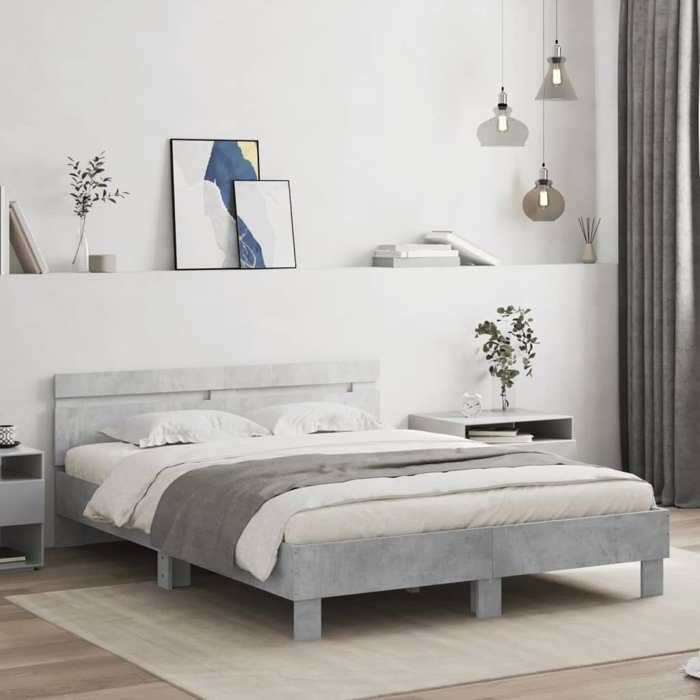 Cadre de lit - vidaXL - 140x190 cm - Gris béton - Bois dingénierie - Lattes en contreplaqué - Tête de lit
