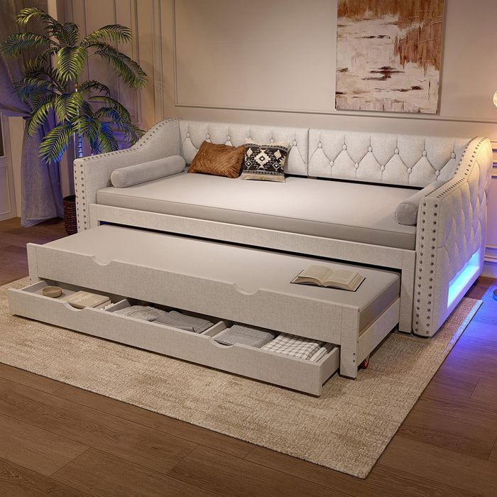 Lit rembourré 90x200 cm avec LED lit gigogne et 3 tiroirs Beige