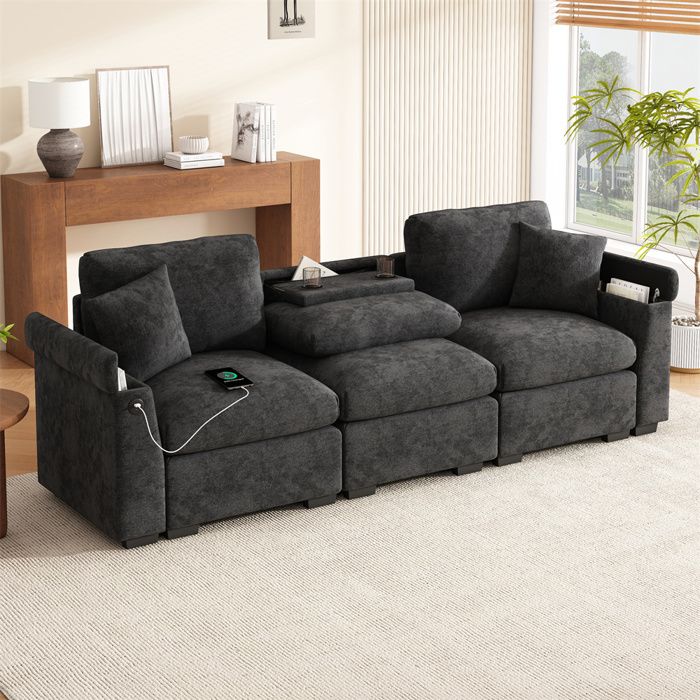 DRIPEX Canapé 3 places en chenille avec table rabattable et port USBporte-boissons et espace de rangement dans accoudoirsGris