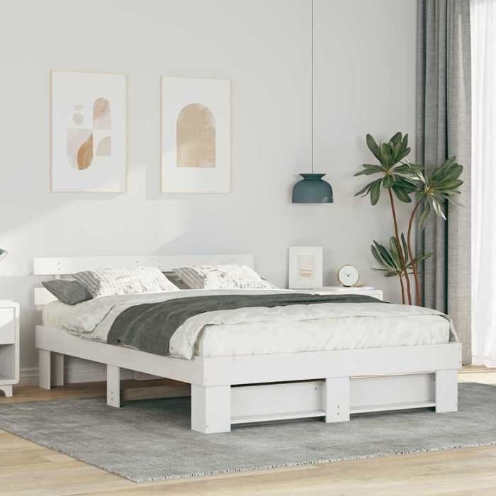Structure de lit en pin massif - UU - 150x200 cm - Blanc - Pin massif - Cadre à lattes - Durable - Facile à nettoyer