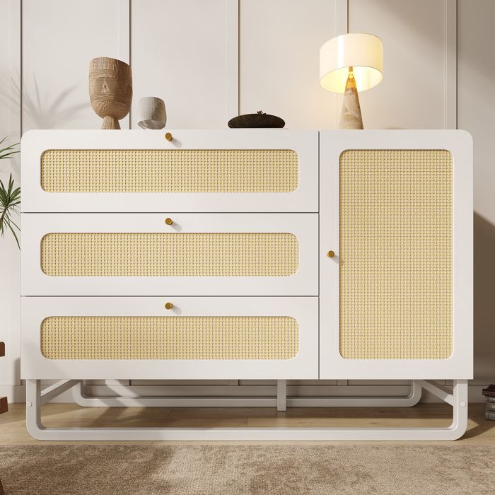 Commode avec Rattan et Poignées en Or3 Tiroirs + 1 PorteÉtagères Réglables en Hauteur & Anti-chuteBlanc