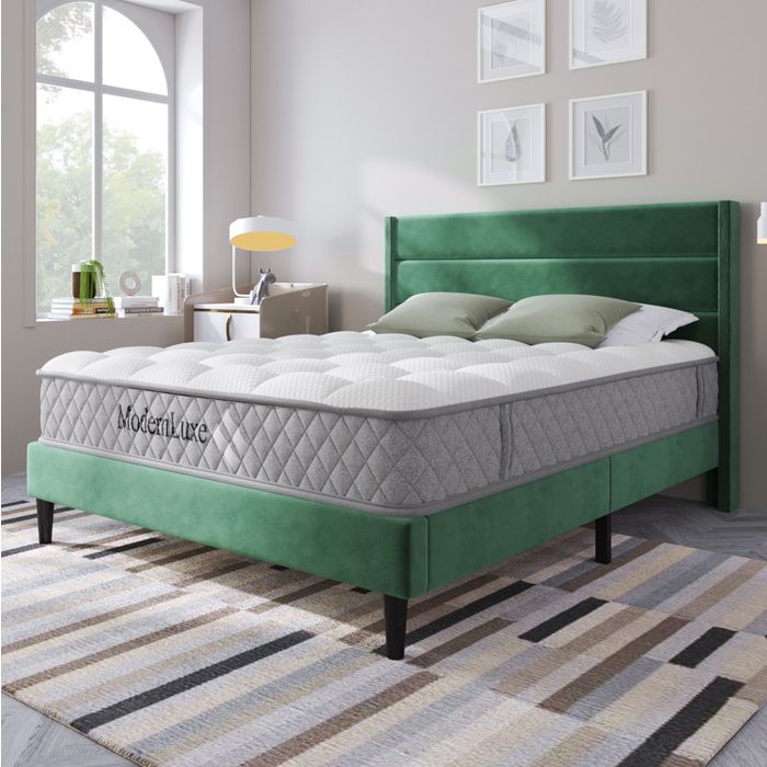 Maisentiel Lit double 140 x 200 cm en velours vert foncé avec sommier à lattes tête de lit et matelas H3