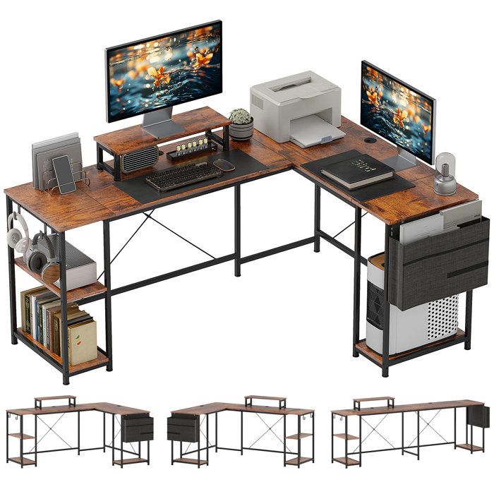 Bureau dangle - HOMCOM - réversible - 168-240 cm - étagère réglable sac de rangement support décran - acier - brun rustique