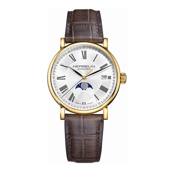 Montre homme - HERBELIN - Inspiration - Phase de lune - Boîtier acier doré 38 mm - Bracelet cuir