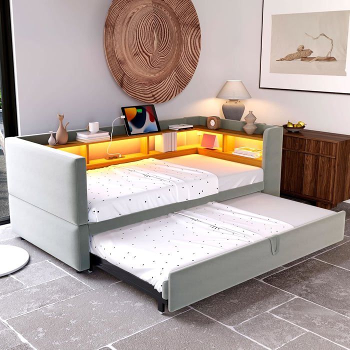 Canapé-lit Extensible 90/180x190cm avec Prise de Courant et Port USBlit rembourré avec éclairage LED et Compartiment de Rangement
