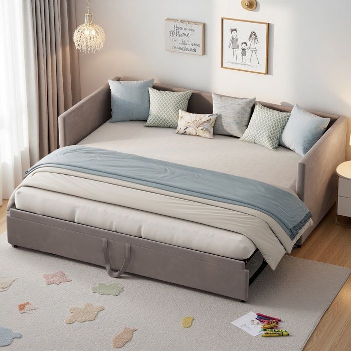 Lit rembourré extensible 90/180 x 200 cm Canapé lit convertible 2 places Lit gigogne avec sommier à Lattes Tissu en Velours Gris