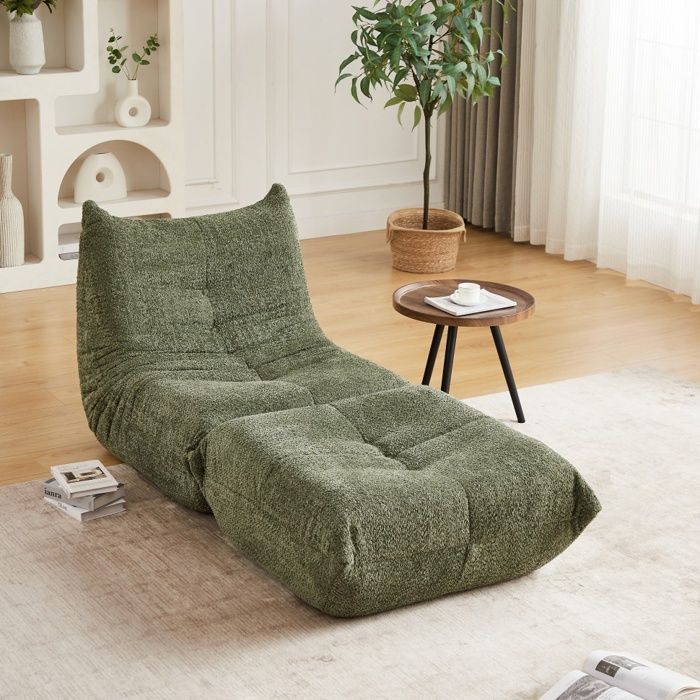 Fauteuil de Sol et Repose-pieds Chauffeuse Ergonomique Mousse Haute Densité Salon Max 150kg  en Chenille Vert Olive