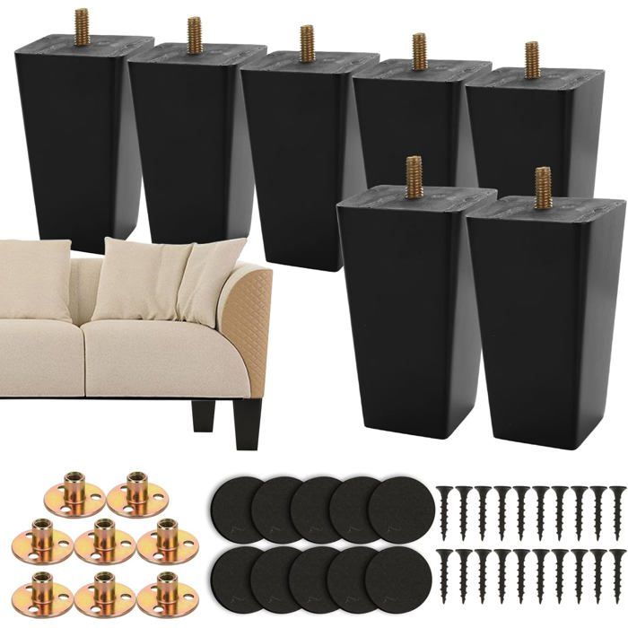 8pc pieds de meubles en bois 10cm Noir Boulons M8 pré-percés Plaques de montage Coussinets en caoutchouc Vis Pour canapé lit armoire