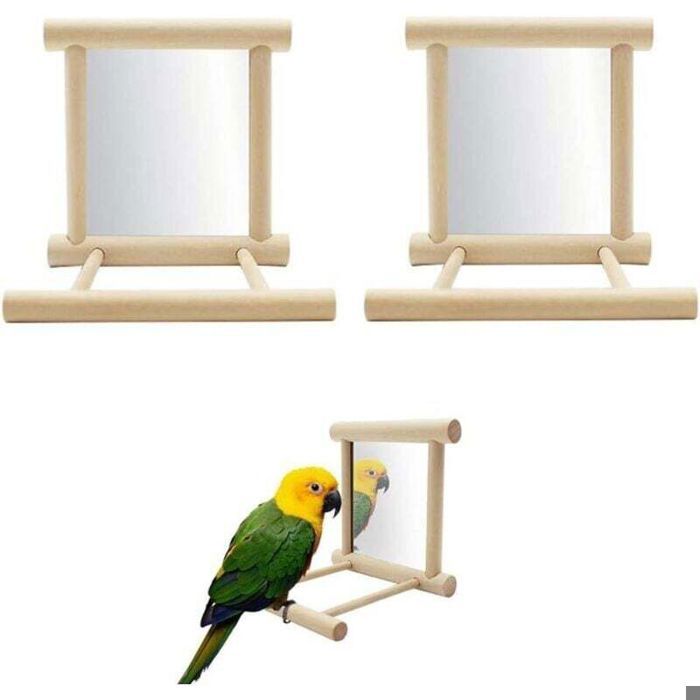 Miroir pour cage doiseau - PZCC - 2 pièces - Perchoir intégré - Bois et miroir - Résistant aux morsures