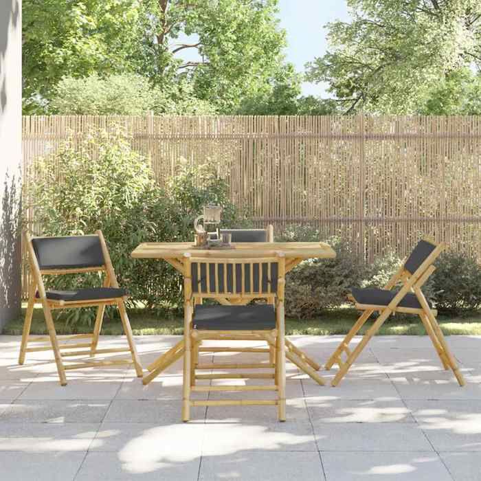 NEW 2026 Set de Table Bistro - pliant -e lot de 5 - pour Balcon Terrasse - et coussins gris foncé bambou 110x55x75 cm S97