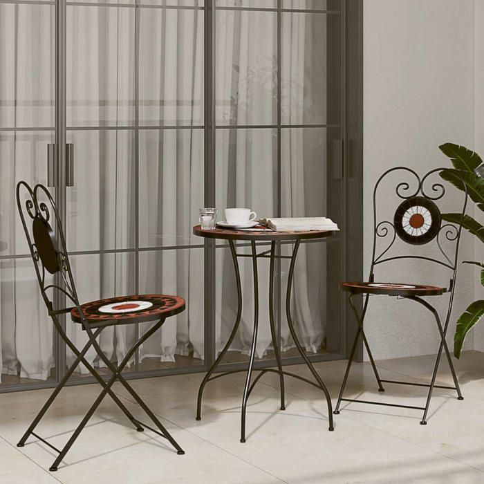 (Promo 2026)TABLE 2/4 PERSONNES -Table de bistro SHIELD Table cuisine arrière-cour mosaïque terre cuite blanc Ø50x70cm céramique
