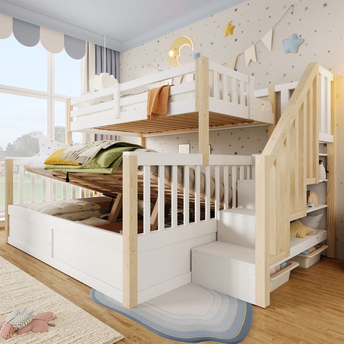 Lit superposé - Modèle avec hayon élévateur - 90x200 cm - Échelle rangement - Bois blanc/naturel