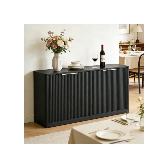 Buffet noir - Meuble de rangement moderne à façades ondulées - 4 portes - Pour salon et salle à manger