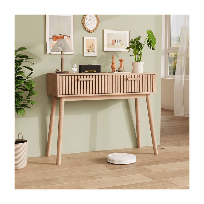 Table Console Bois ADWOLT 2 tiroirs Coiffeuse en Bois Table dentrée 100x35x80cm