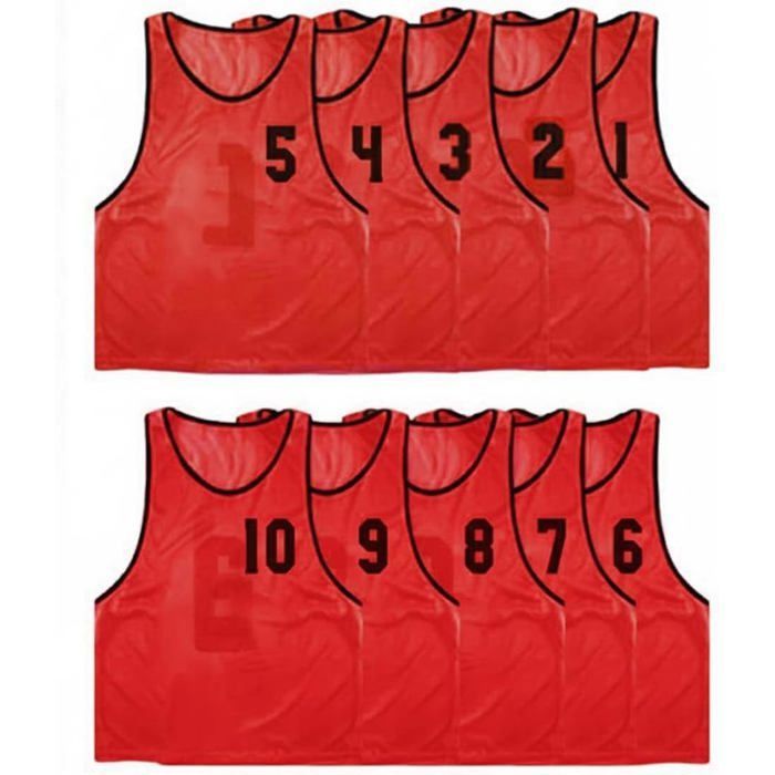 Lot de 10 chasubles numérotées recto-verso de 1 à 10 de taille Small gilet dentrainement couleur ROUGE Lot de 10 chasubles numérotées recto-verso de 1 à 10 de taille Small gilet dentrainement couleur ROUGE