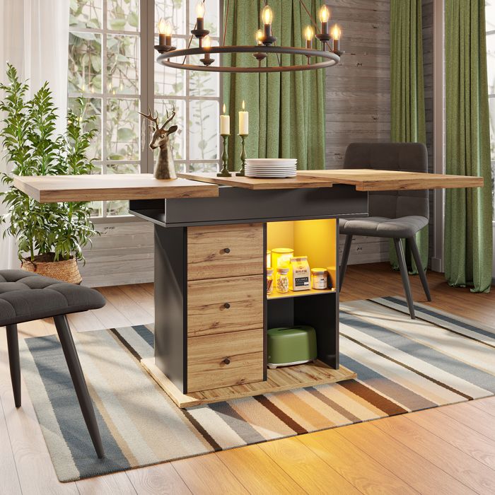 Table à manger extensible noire et naturelle avec LED rangement et port USB
