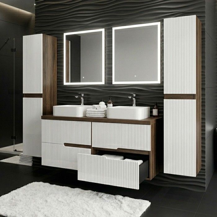 Ensemble meuble double vasque à poser L. 120 cm + 2 colonnes Chêne Moka 4 tiroirs Blanc brillant cannelé EVA Ensemble meuble double vasque à poser L. 120 cm + 2 colonnes Chêne Moka 4 tiroirs Blanc brillant cannelé EVA