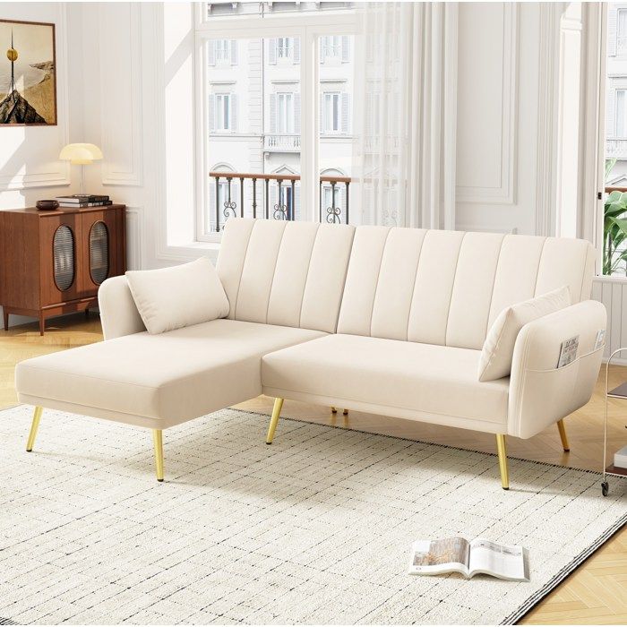 Canapé d’angle beige en velours convertible avec méridienne réversible