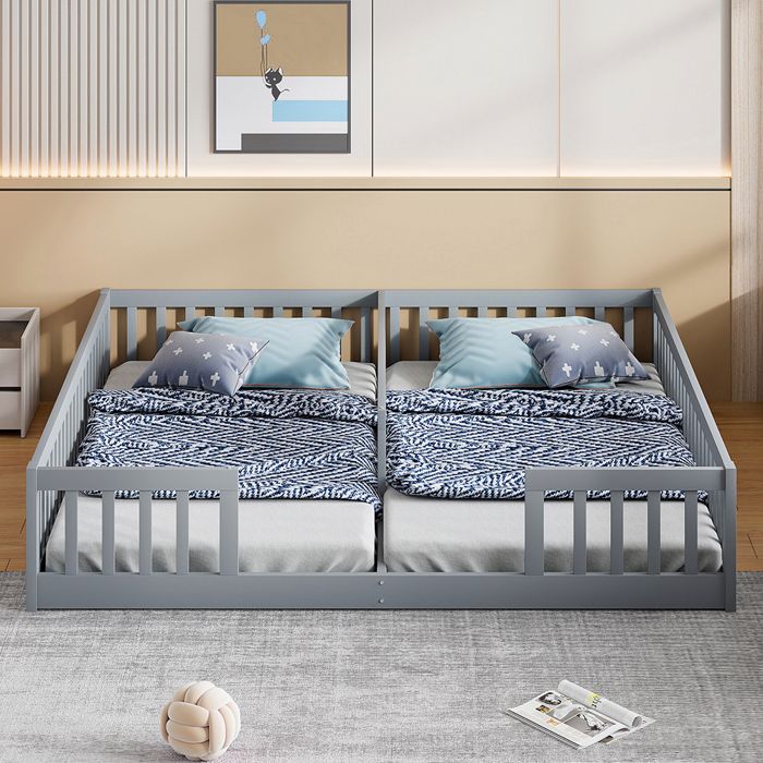 Lit enfant 90x200 cm - Avec barrières de sécurité - Sans sommier à lattes - Bois de pin - style minimaliste - gris (sans matelas)