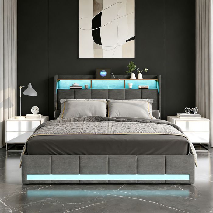 Lit 140x200 cm avec LED et 4 tiroirs lit double lit capitonné avec sommier à lattes tete de lit USB tissu en lin gris