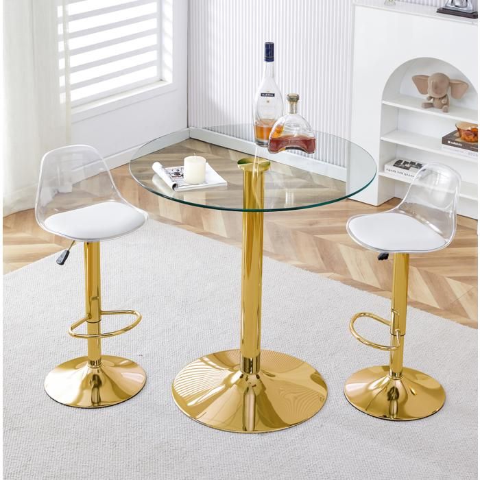 Table haute de bar avec deux tabourets 2 personnes table ronde en verre 89 cm 2 tabourets réglables or