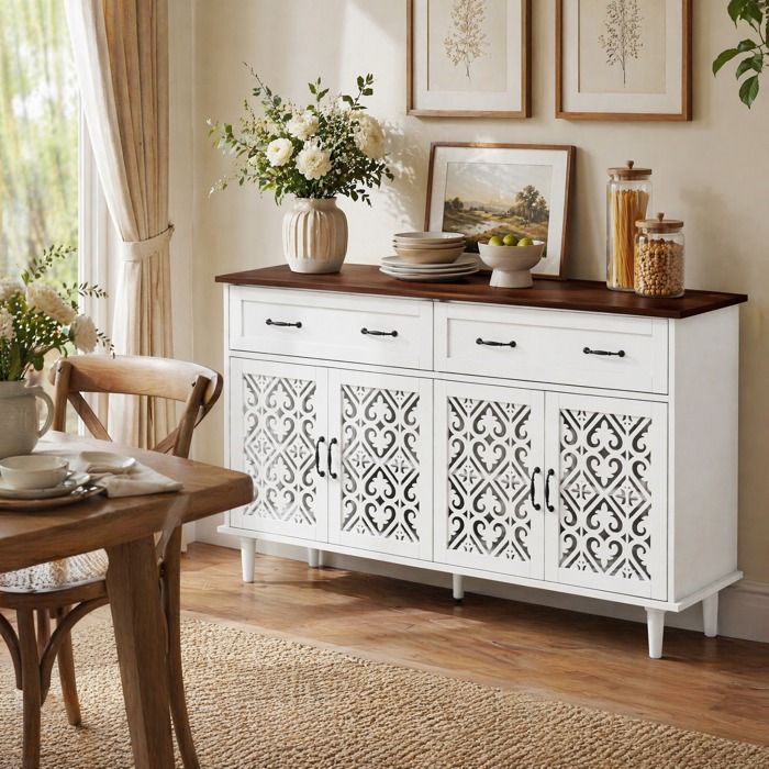 Buffet bas Vintage 4 portes et 2 tiroirs portes sculptées pour salon et salle à manger blanc 150 cm - UVRION