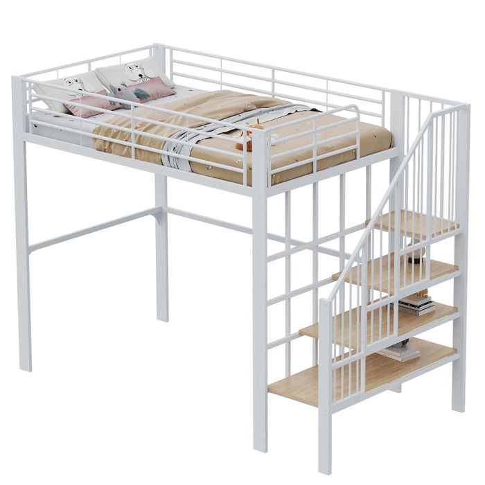 Lit surélevé 140x200 métallique avec rangement sous lit pratique et escalier parfait pour gagner de la place