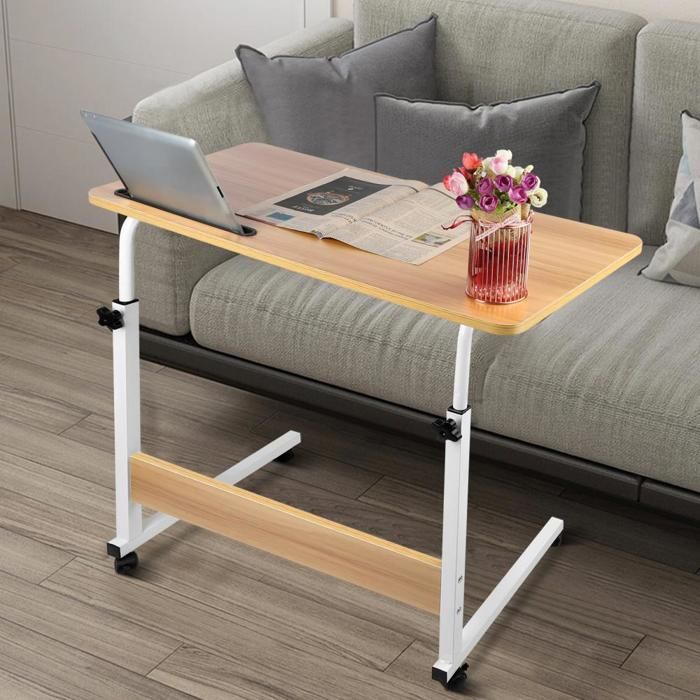 LVHCMFOHM Table Roulante Portable pour Lit Canapé Réglable en Hauteur 69-90cm Table d’appoint en Forme de C 80x40cm Bois