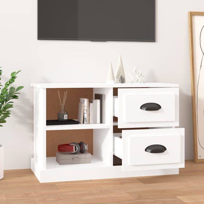 Meuble TV - vidaXL - bois dingénierie - blanc brillant - 2 tiroirs - 2 compartiments ouverts - dessus stable - 73 x 355 x 475 cm