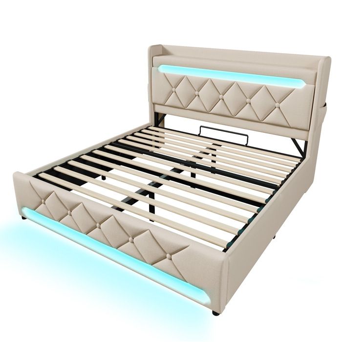 Lit double 160 x 200 cm beige avec coffre hydraulique LED 360° ports USB et USB Type-C