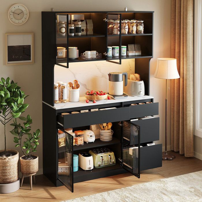 Armoire haute buffet de cuisine partie centrale effet marbre MDF avec portes vitrées LED espace de rangement polyvalent noir+blanc
