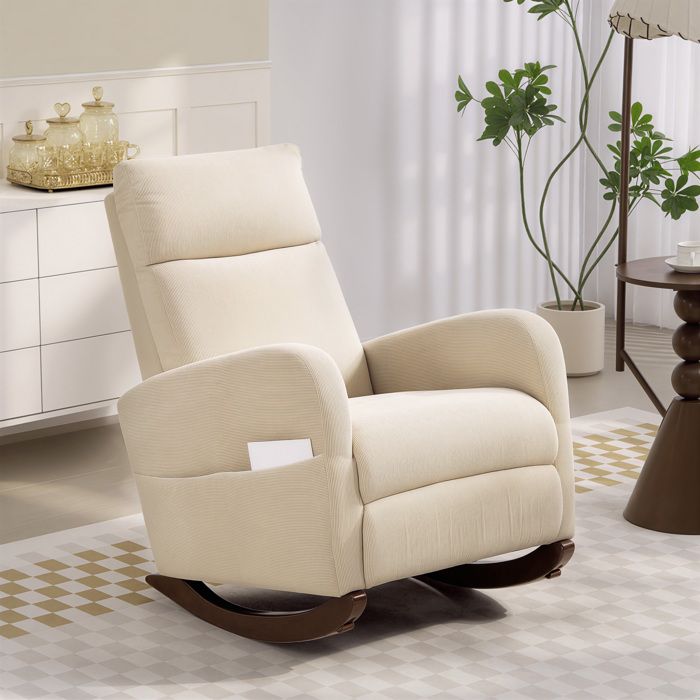 Fauteuil à bascule rembourré - velours côtelé beige - poches latérales - pieds bois hévéa - balancement doux 11°