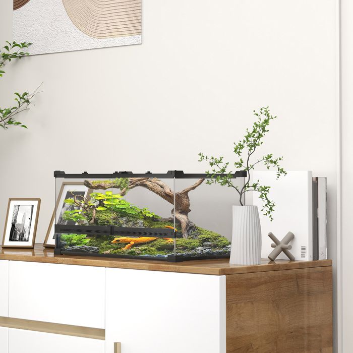 Terrarium en verre pour reptiles avec fond surélevé et étanche serrure à bouton