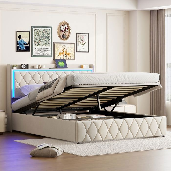Lit coffre - Lit coffre adulte 140x190 cm - avec LED et Station de charge - Rangement hydraulique - Sommier inclus - Beige