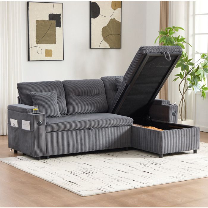 Canapé d’angle convertible 3 places en velours côtelé gris carbone avec méridienne droite lit tiroir et USB-C