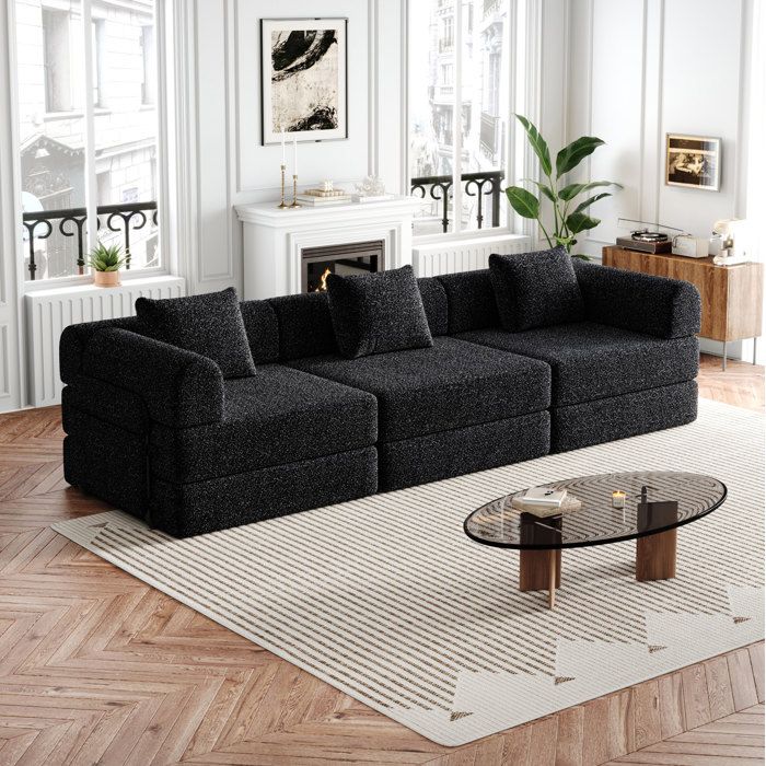 Canapé Convertible 3 Places En Chenille Noir Modulable Avec Rangement Accoudoir Intégré Structure Métal Antidérapante