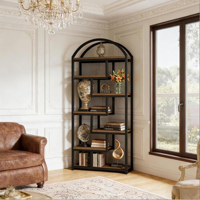 Bibliothèque ouverte 7 niveaux 80 x 30 x 180 cm en MDF et métal noir aspect bois rustique