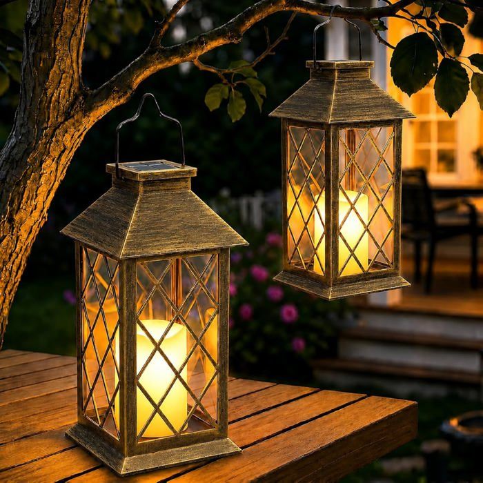 Lot de 2 lanternes solaires 22 cm verre trempé LED effet bougie vacillante IP44 suspendre balcon terrasse