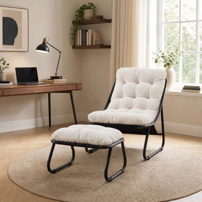 MEUBLIV Fauteuil lounge avec repose-pieds acier noir et coussin blanc intérieur extérieur 65 x 78 x 86 cm