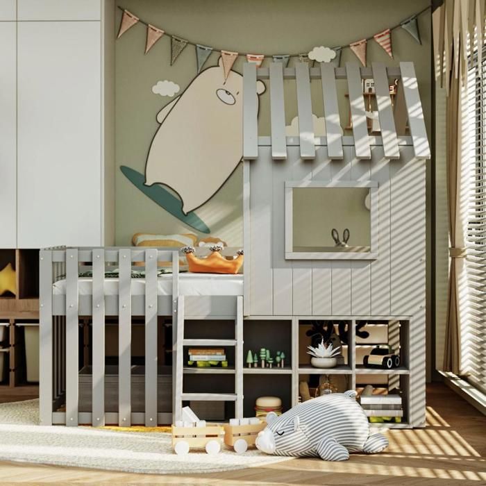 Lit enfant - KOMHTOM - Maison 90x200 - Bois massif - Toit et fenêtre - Rangement ouvert gris Lit enfant - KOMHTOM - Maison 90x200 - Bois massif - Toit et fenêtre - Rangement ouvert gris