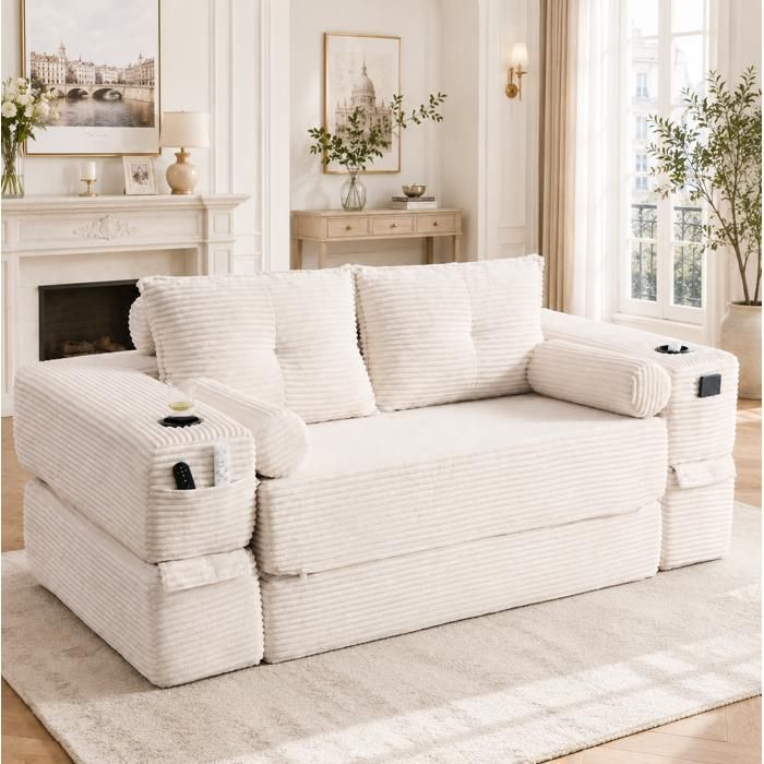 Canapé convertible 2 places en velours côtelé beige mousse densité 30 mémoire de forme porte-gobelets