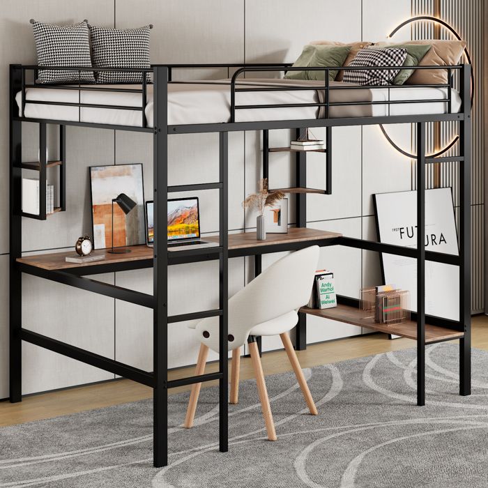 Lit mezzanine 90x200 métal noir avec bureau 5 étagères et sommier inclus