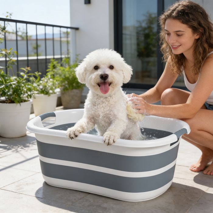 Baignoire pour chien pliable portable grise avec trou de vidange pour petits chiens et chiots