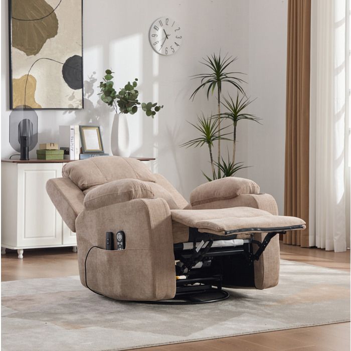 Fauteuil relax électrique massant chauffant pivotant 360° en chenille taupe avec repose-pieds et porte-gobelets