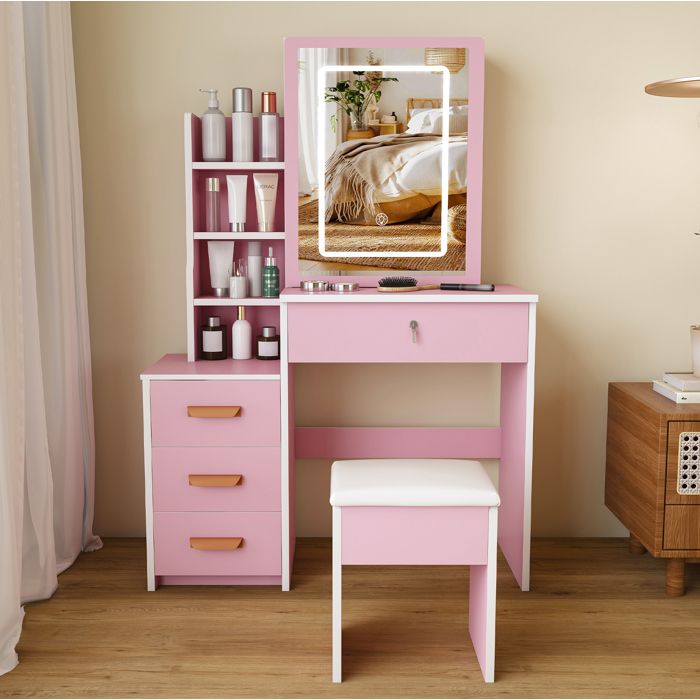 Coiffeuse Miroir LED avec 4 Tiroirs et Tabouret 3 Modes d’Eclairage - YEAVIO - Chambre MDF Rose 85×36×130 cm