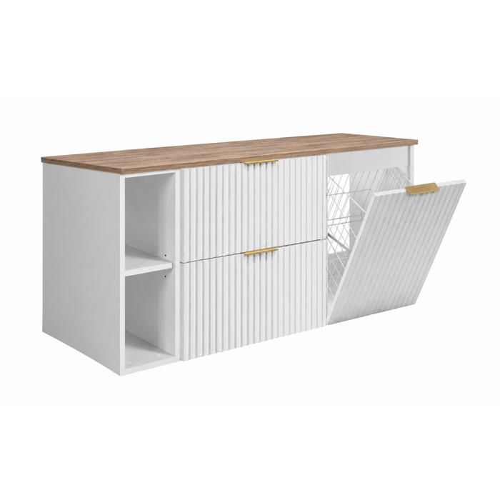 Meuble sous vasque - Blanc chêne clair - 2 tiroirs + porte + panier à linge - Suspendu - 120 x 57 x 46 cm