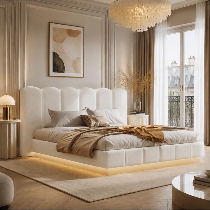 Lit coffre 2 places 180 x 200 cm avec sommier a lattes tete de lit rembourree LED integree bouclette blanche