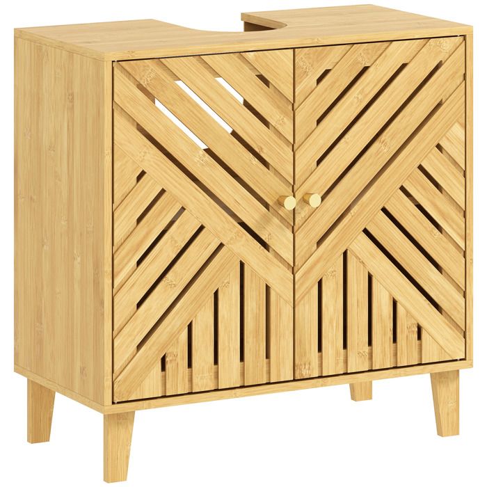 Meuble sous lavabo en bambou avec portes à lattes et étagère réglable ouverture en U meuble bas 60 x 30 x 60 cm