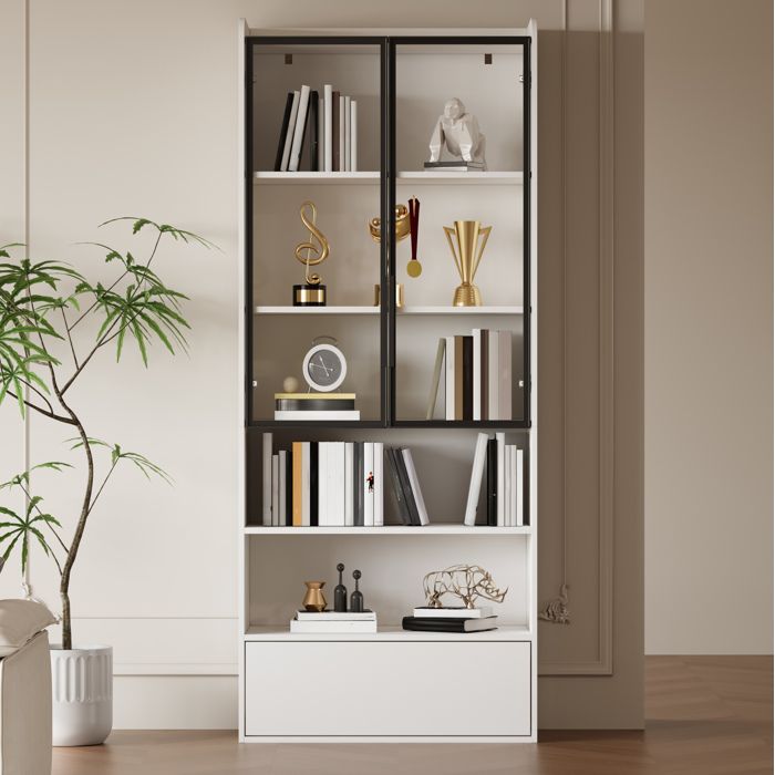 Vitrine haute - meuble vitrine - 80 x 34 x 180 cm - MDF et verre - Blanc - LED - 1 tiroir